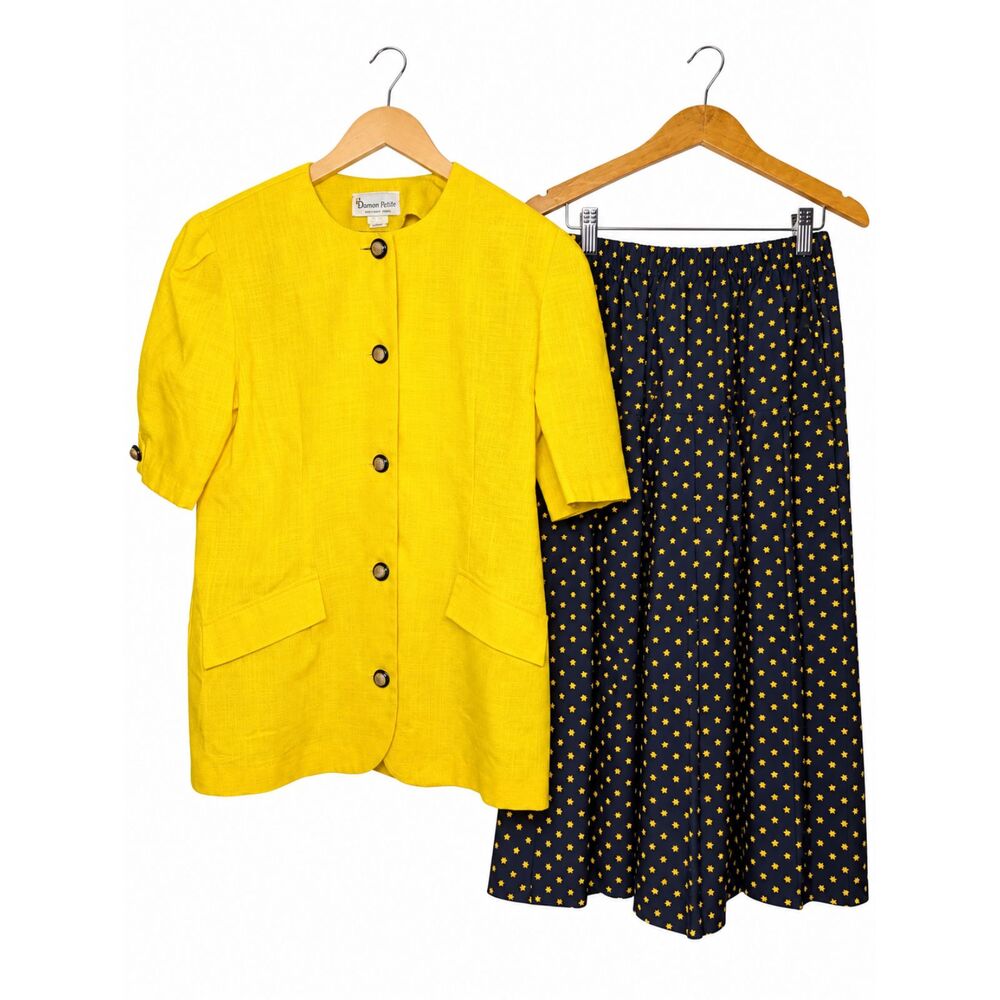 Vintage 80s Damon Petite 2-Piece Set Yellow Jacket Navy Gold Star Skirt USA